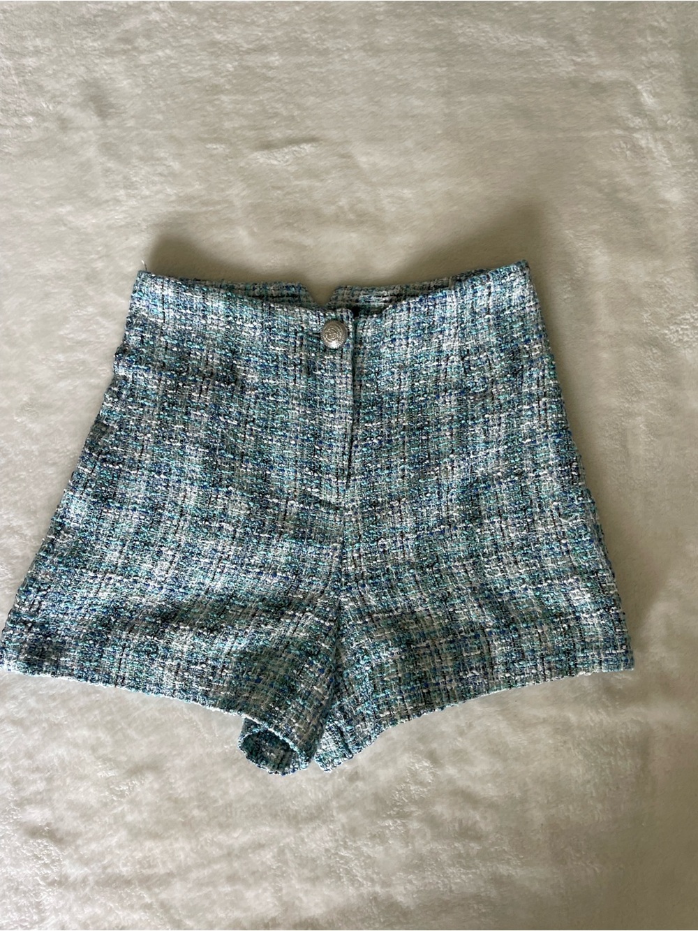 Zara High-Waist Tweed Shorts in Blue Green